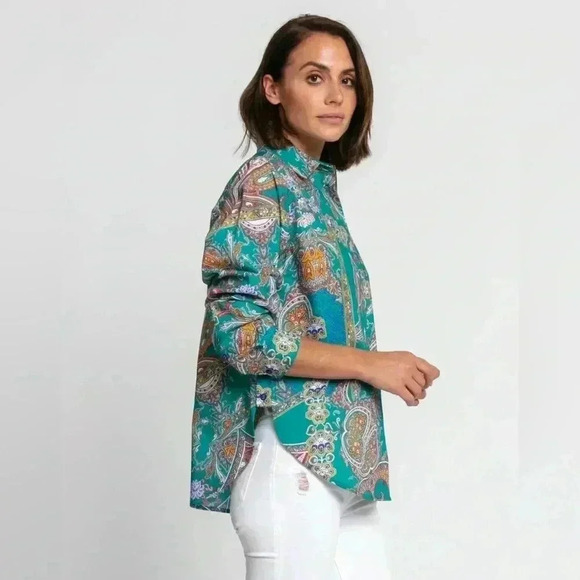 Hinson Wu Gemma Long Sleeve Teal Paisley Print Shirt Size S NWT - Picture 3 of 13